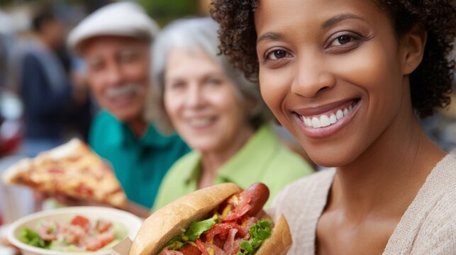 Diverse group enjoying outdoor picnic with hotdogs and pizza - Powered by Adobe