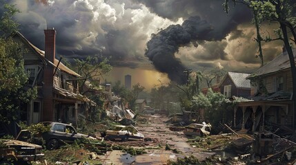 Devastating effects of tornadoes. Concept of nature protection. Natural disasters. Destroyed and damaged houses