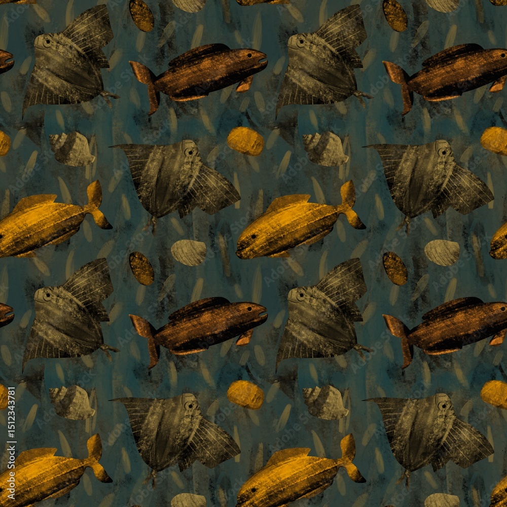 Fototapete unique seamless fish pattern with rough texture.