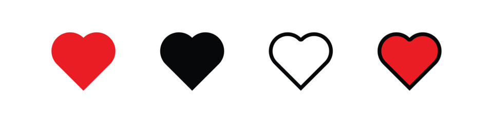 Heart icon set, collection of heart symbol, heart, love vector illustration, fill and stroke in red and black color, isolated on white background