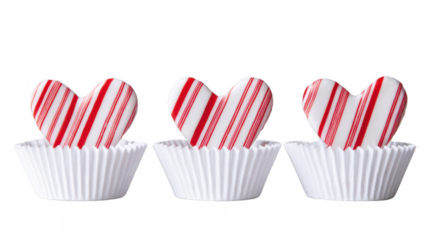 3 candy cane-shaped hearts in three white paper cupcake cases on a pure, clean background, png, transparent