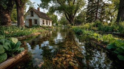 Obraz premium Floodwaters overwhelm once-healthy vegetable garden under clear daylight