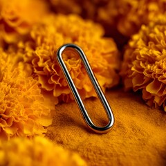 Close up of a silver metal oblong loop on an orange surface surrounded by marigold flower petals