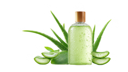 Aloe vera gel in bottle and fresh green slices of aloe plant isolated on white background, png, transparent