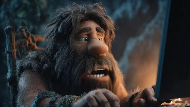 A caveman working in front of a computer. 4k animation video