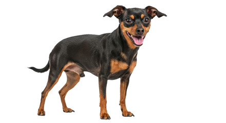 Obraz premium Cute Manchester Terrier Toy Dog isolated on white Transparent background. Happy Dog Standing Isolated on White Background Looking at Camera