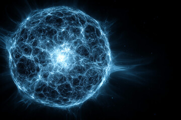 Blue glowing sphere, intricate energy network, dark background, abstract cosmic concept, representing power, universe, mystery, technology