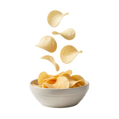 Crispy potato chips falling into white bowl, isolated on transparent white background, PNG file