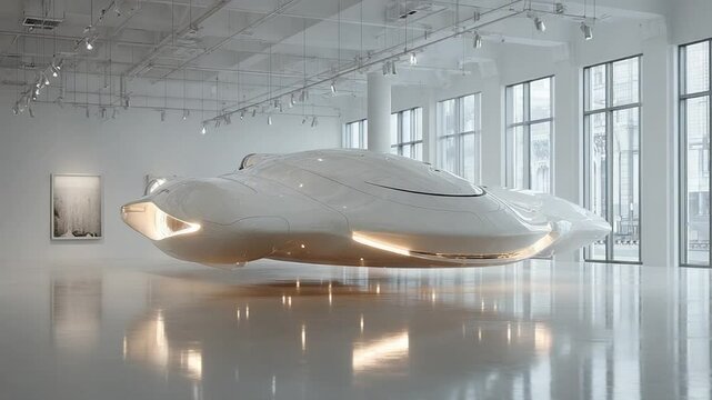 Futuristic sculpture in a bright modern art gallery with large windows and reflective floor