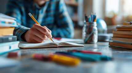 Fototapeta premium Student writing in notebook at desk with books and stationery.