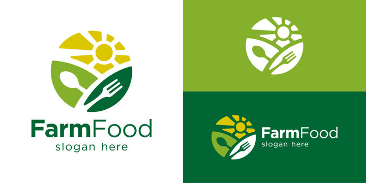 Creative simple farm food logo template. Farmland with spoon and fork for Healthy food logo design vector.