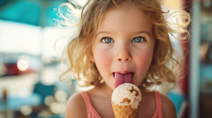 Naklejka premium Little girl licking ice cream cone on a sunny summer day