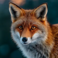 Fototapeta premium Close up portrait of a red fox with intense eyes and detailed fur against a blurred background