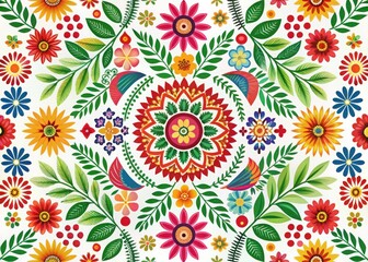 Vibrant floral pattern with birds and leaves