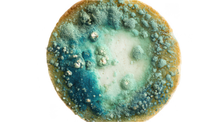 blue-green mold on a bread slice, white background, png, transparent
