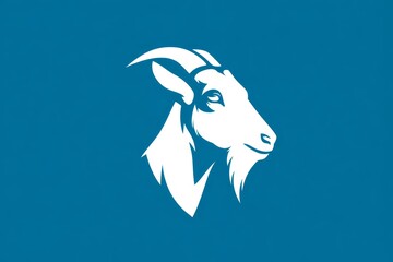 Logo design a white goat head silhouette on a blue background, using simple shapes in a modern style. The vector graphic is flat and minimalistic, with a white and teal color palette