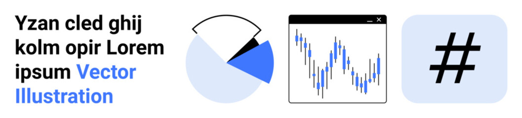 Pie chart slice, data line graph in window, metadata tag, and text block for analytics, statistics, finance, programming, marketing, web design and simple landing page