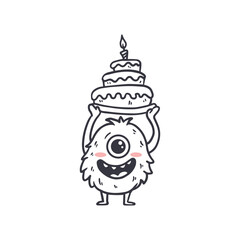 cute monster isolated on white background for coloring pages, magazines. Alien, cartoon character. Monster with cake. Sketch, doodle. Vector illustration
