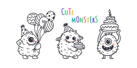monsters isolated on white background for coloring pages, magazines. Alien, cartoon character. Monster with cake, with balloons for birthday cards. Sketch, doodle. Vector