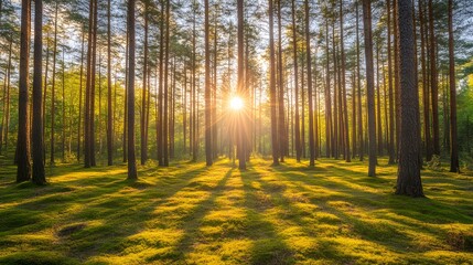 Obraz premium Golden Hour Sunlight in Lush Pine Forest