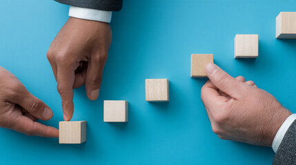 Hands arranging wooden cubes on blue background, showcasing problem-solving, strategy, or teamwork concept