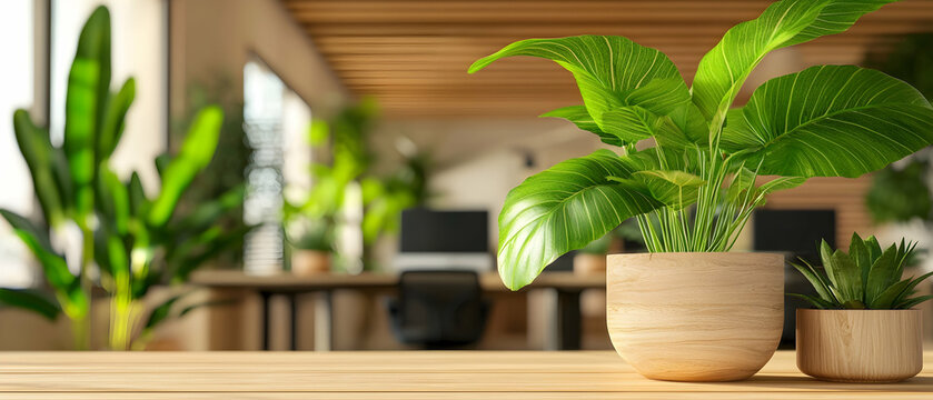 Green Plants On Wooden Table In Modern Office
