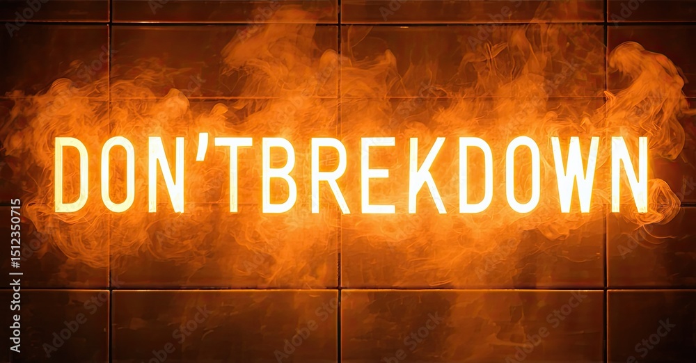 Poster bright neon sign displays text dontbreakdown. orange glow emanates from letters, smoke swirls around