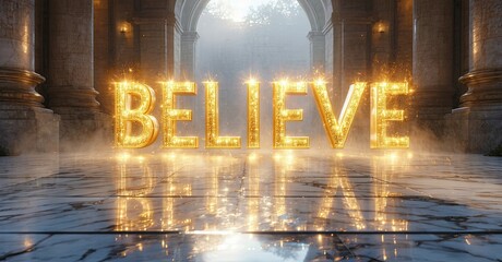 Plakat Golden BELIEVE text reflects on marble floor. Columns frame light source, creating dramatic scene. Inspiring, hopeful imagery.