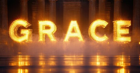 Illuminated GRACE sign reflects upon water. Dramatic lighting creates warm, ethereal mood. Columns visible background.