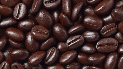Close-up of roasted coffee beans with a rich, dark brown color and glossy surface