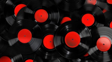 A pile of black vinyl records with red circular centers.