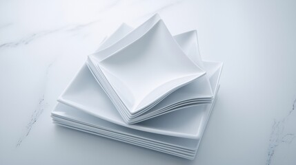 A stack of white plates on a marble countertop.