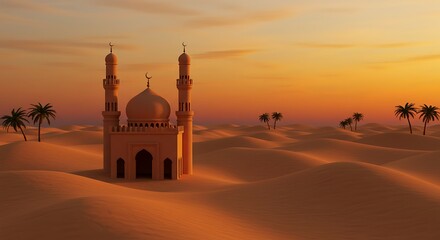 Silhouette mosque in desert at sunset with palm trees and soft sand dunes