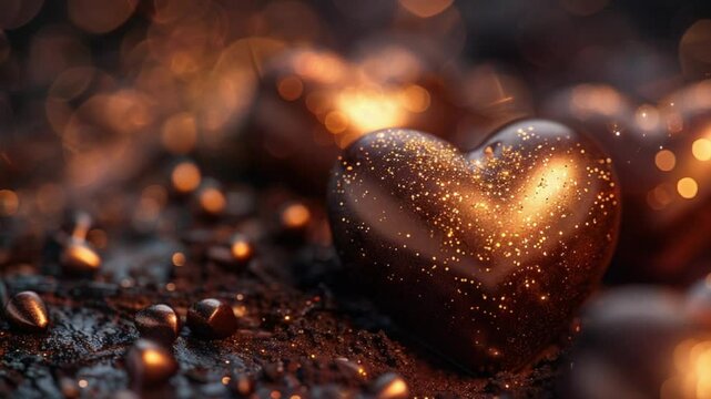 Chocolate heart with gold sparkles on valentine's day