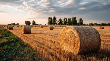Harvested Field with Hay Bales at Sunset