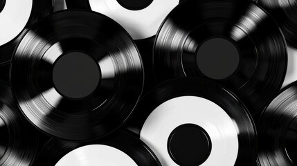 A collection of vinyl records with black and white designs.