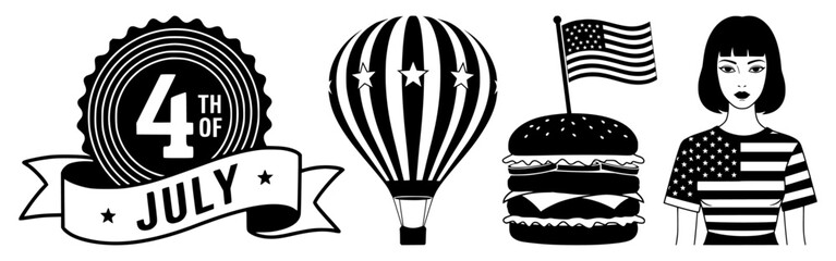 Patriotic independence day celebration symbols fourth july badge balloon burger person silhouette collection set