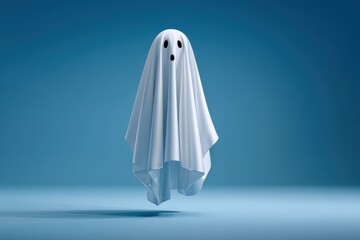 Floating ghost figure in a minimalistic blue background evoking a playful Halloween ambiance