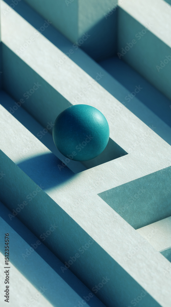 Poster teal sphere in light-blue maze structure, showcasing geometric design and problem-solving concept