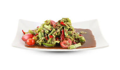 Close-Up of Spicy Long Bean Salad with Fresh Vegetables in a Ceramic Bowl isolated on white background with clipping path. Thai street food.