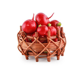 Fresh radish with red skin in a sack and basket isolated on the white background, clipping path.