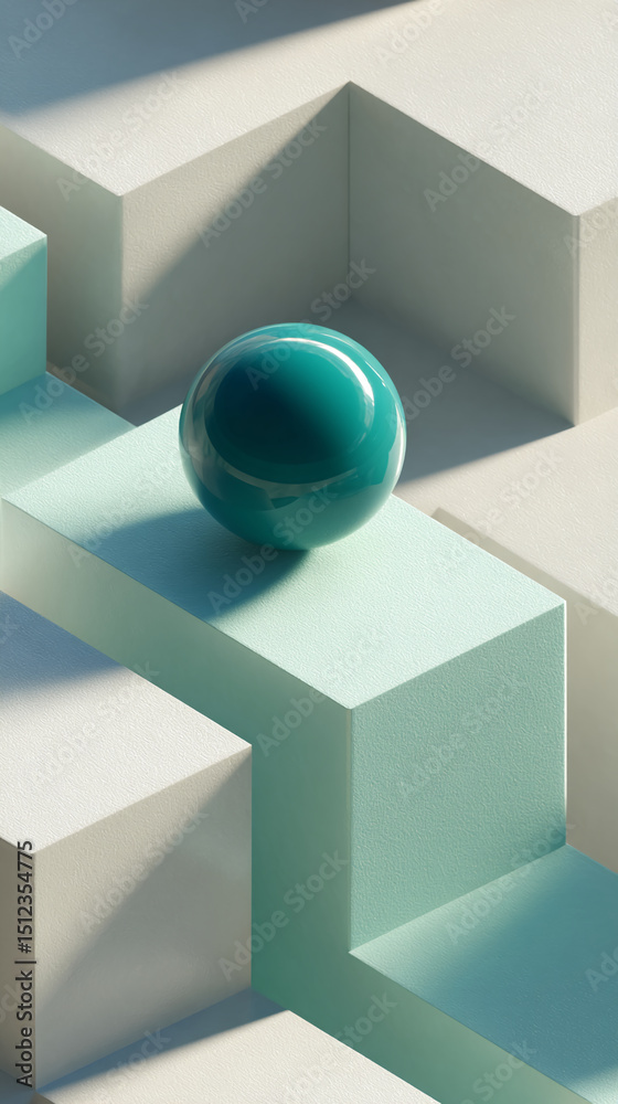 Poster teal sphere rests on pale-green cube, nestled among off-white geometric shapes, creating a minimalis