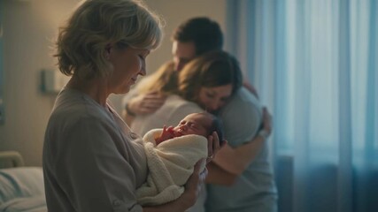 Caring woman gently holds a swaddled newborn baby, happy parents lovingly embrace in background in a hospital room, symbolizing new beginnings and family, ideal for healthcare or family life themes - Powered by Adobe