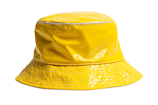Shiny yellow bucket hat, fashion accessory.