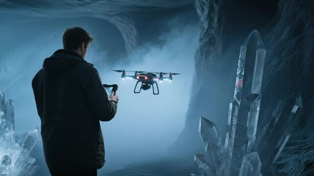 Man operating a drone with a tablet controller inside a misty, blue-lit crystal cave, showcasing technological exploration or futuristic survey concepts