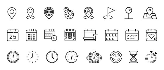 Time, date and location icon set. Containing hourglass, pin, stopwatch, reminder, calendar, clock, gps point, flag point, globe point and more. Vector illustration.