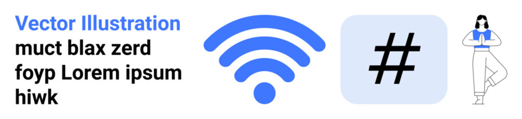 wireless signal icon, metadata tag symbol, and person meditating in a serene yoga pose. Ideal for technology, mindfulness, social media, balance, communication, networking simple landing page