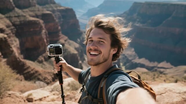 Happy young man taking a selfie with an action camera on a stick in a vast canyon, his hair blowing in the wind, capturing adventure travel moments, ideal for vlogging or lifestyle content
