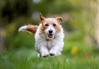 Happy active dog running, jumping in the grass in summer. Pet background.