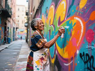 African American woman artist joyfully spray painting vibrant graffiti on a colorful wall in an urban alley, showcasing creativity and self-expression in street art culture